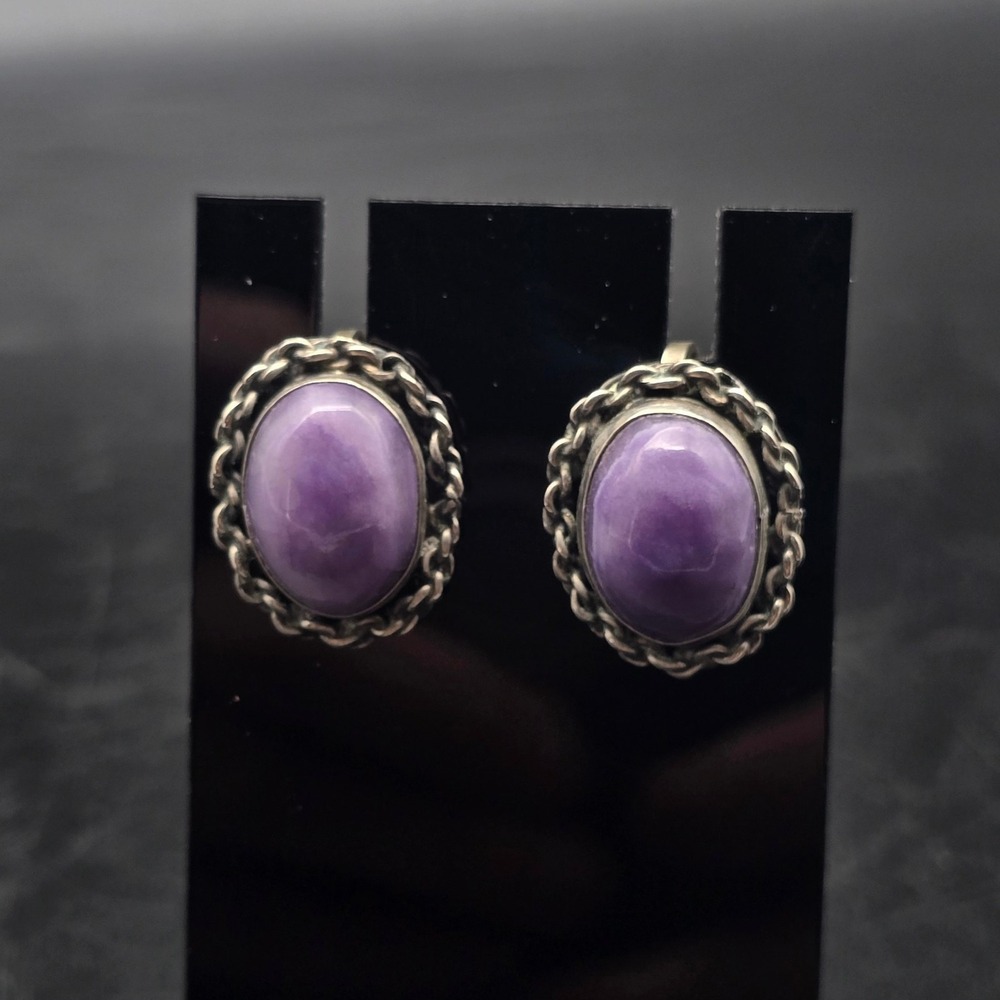 Mexico Sterling Silver Screw Back Earrings Purple Stone 925 Vintage